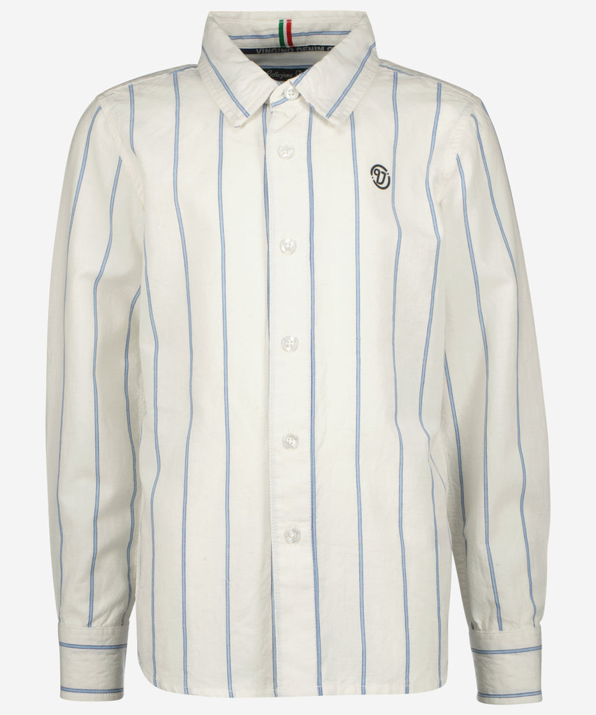 Details: White woven long sleeve shirt with blue stripes and buttons.  Color: white  Composition: 100% Cotton   