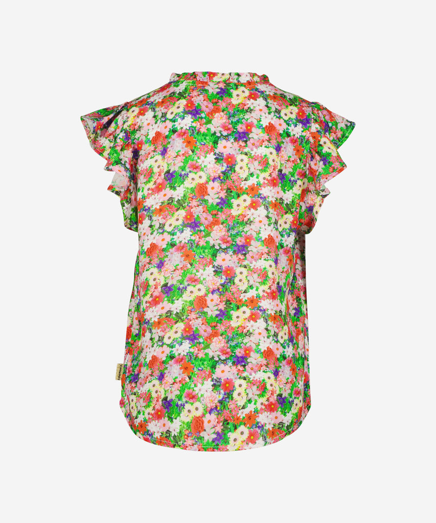 Details: Woven short sleeve blouse with all over print flowers. Button closure on the front. Round neckline.  Color: Multicolor pink  Composition: 100% Viscose     