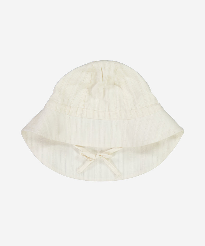 Cute sunhat in soft woven cotton with tie string and slightly longer brim at the back.