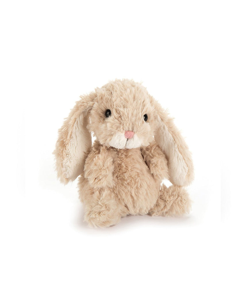 JellyCat London  Tiny, tousled, terrific. Yummy Bunny is soft and scruffy, with a tubby tummy in oatmeal fur. To help him sit so neat and nice, he's got beans in his base and in his long ears! Squat, squishy paws and a fuzzy cream muzzle make Yummy Bunny a bouncing ball of cute! Pick him up for pocket snuggles.
